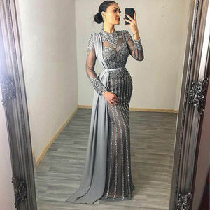 Couture 2020 Collection Muslim Rhinestones Evening Dresses High Neck Dubai Long Sleeve Mermaid Evening Gown Women Party Dress