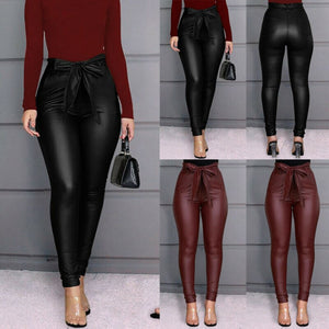 Hirigin Belt High Waist Pencil Pant Faux Leather Long Trousers