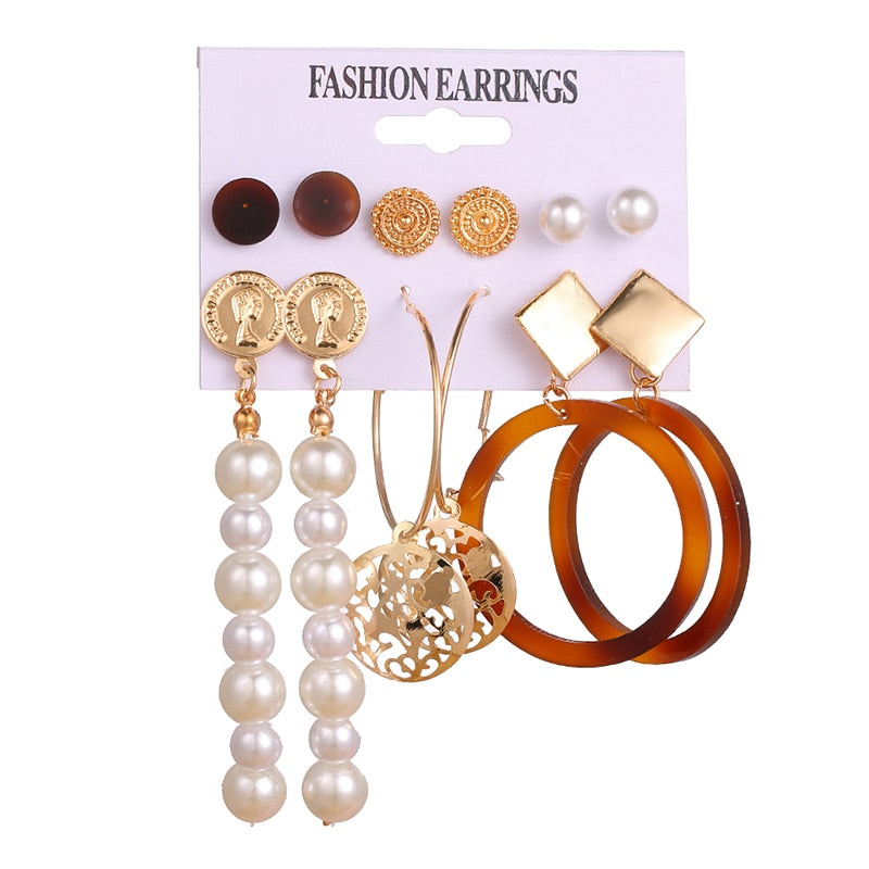 EN 12 Pairs Flower Women'S Earrings Set Pearl Crystal Stud Earrings