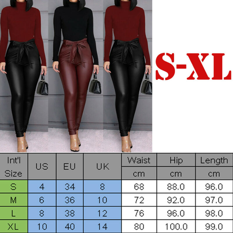 Hirigin Belt High Waist Pencil Pant Faux Leather Long Trousers