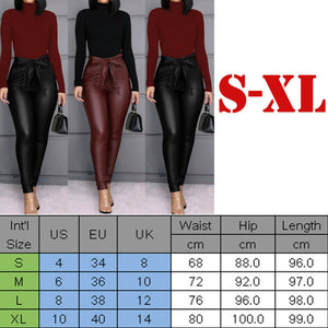 Hirigin Belt High Waist Pencil Pant Faux Leather Long Trousers