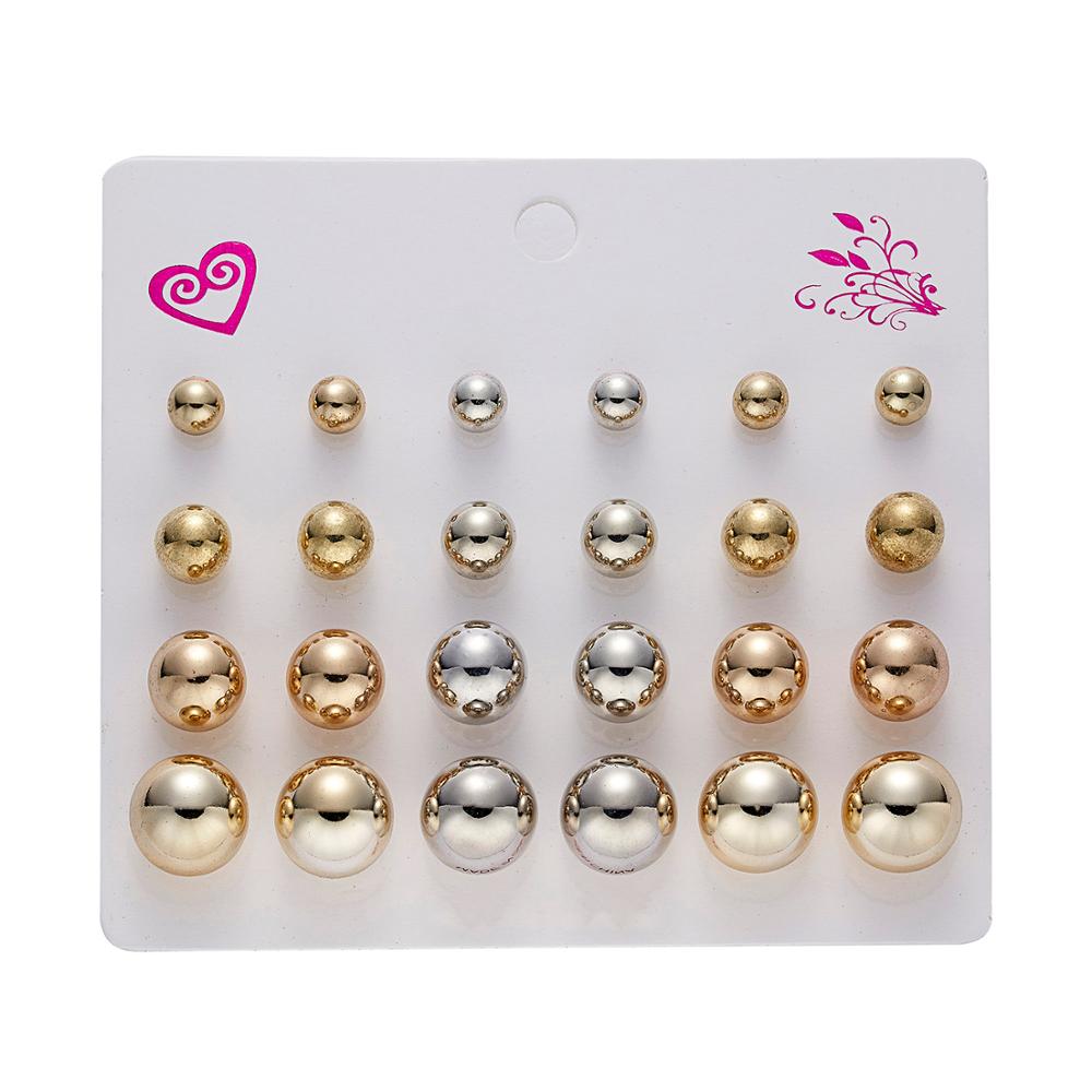 Women Trendy Stud Earrings Set With Card 12 Pairs/set Transparent Zircon Balls Love Flowers