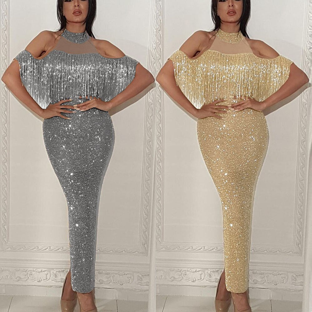 Women Party Dresses Bodycon Cold Shoulder Tassel Slim Patchwork Glitter Female Event Celebrate Gold Silver Ladies Vestidos Gowns