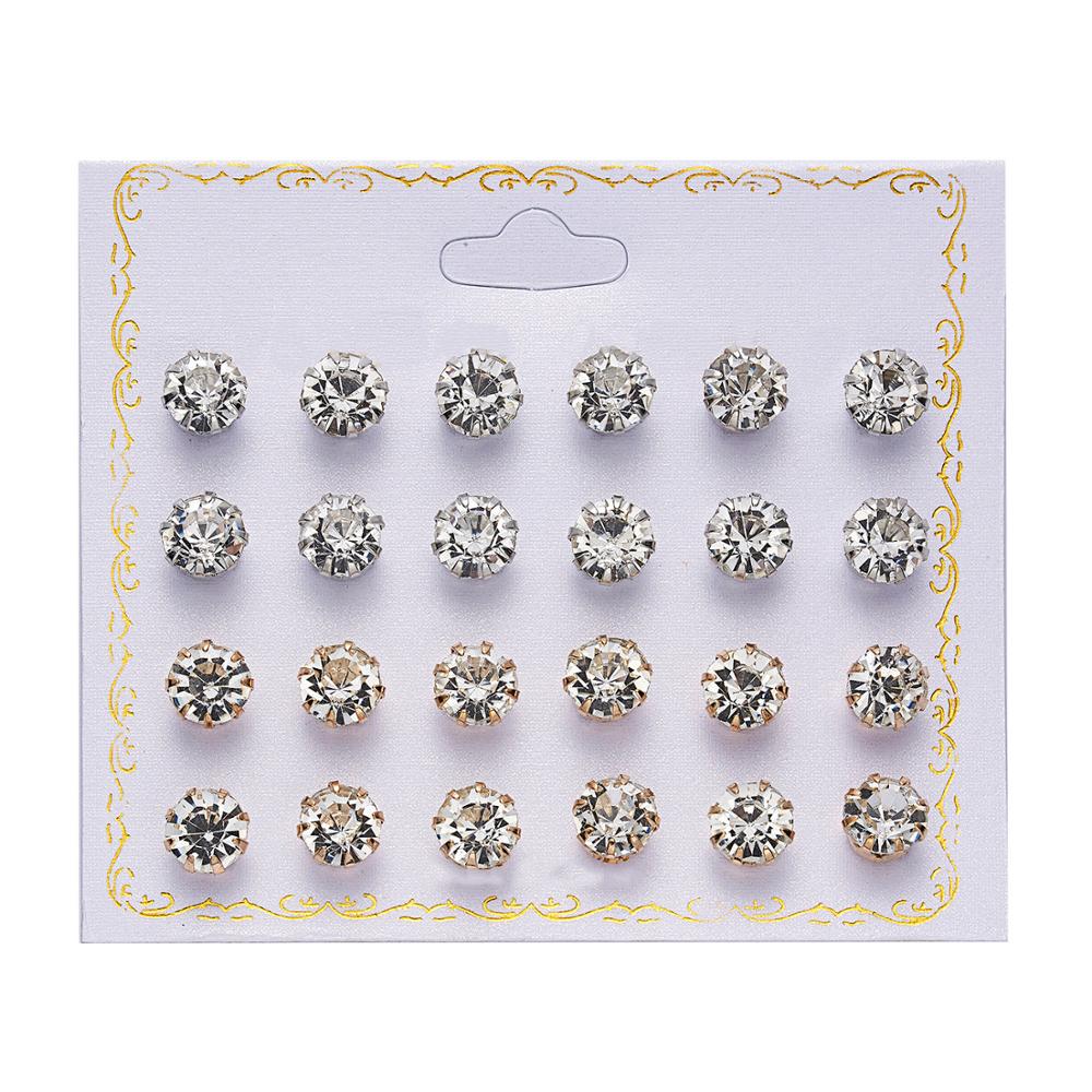 Women Trendy Stud Earrings Set With Card 12 Pairs/set Transparent Zircon Balls Love Flowers