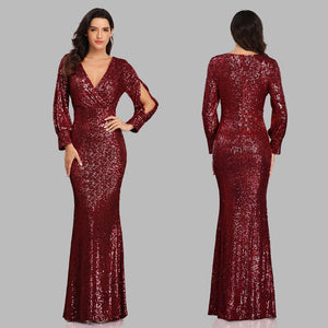 New Sexy V Neck Mermaid Evening Dress Long Formal Prom Party Gown Full Sequins long Sleeve Galadress vestidos occassion dress