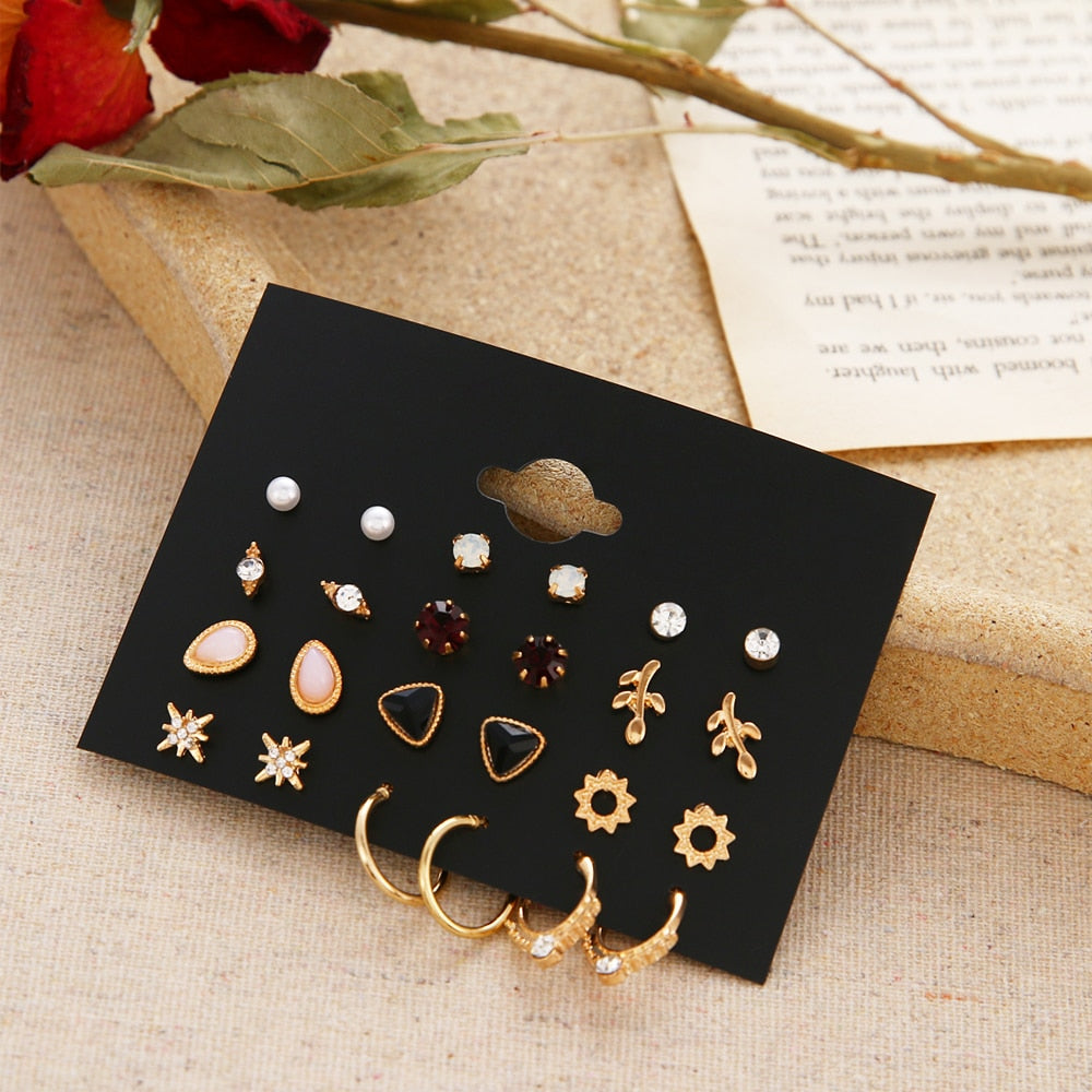 EN 12 Pairs Flower Women'S Earrings Set Pearl Crystal Stud Earrings