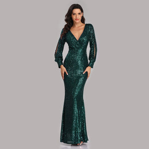 New Sexy V Neck Mermaid Evening Dress Long Formal Prom Party Gown Full Sequins long Sleeve Galadress vestidos occassion dress