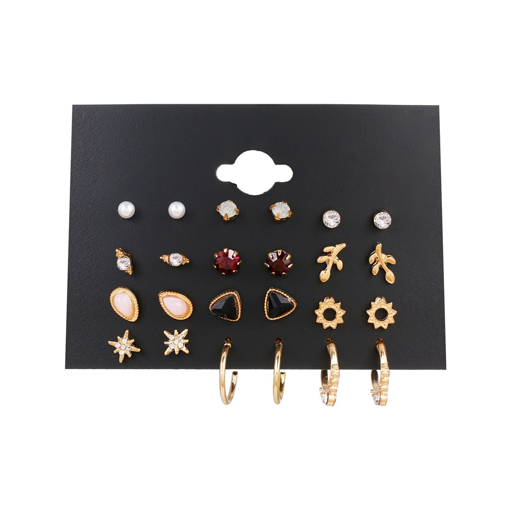 EN 12 Pairs Flower Women'S Earrings Set Pearl Crystal Stud Earrings