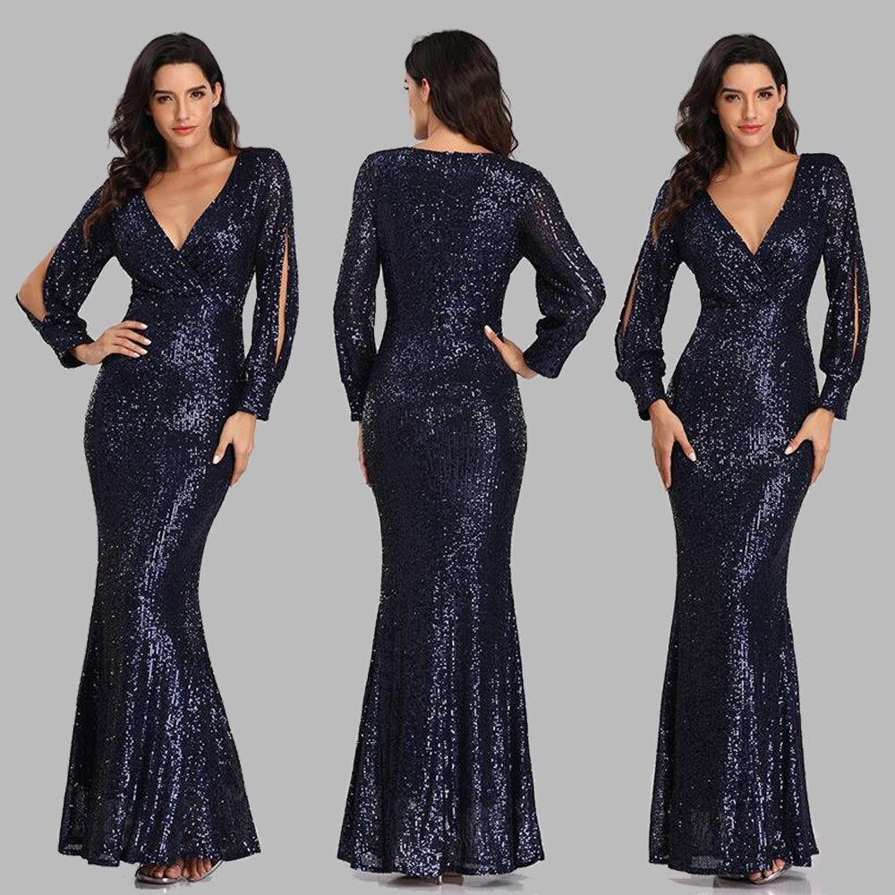 New Sexy V Neck Mermaid Evening Dress Long Formal Prom Party Gown Full Sequins long Sleeve Galadress vestidos occassion dress