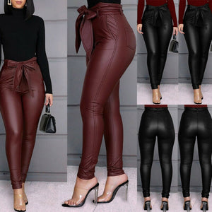 Hirigin Belt High Waist Pencil Pant Faux Leather Long Trousers