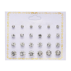 Women Trendy Stud Earrings Set With Card 12 Pairs/set Transparent Zircon Balls Love Flowers