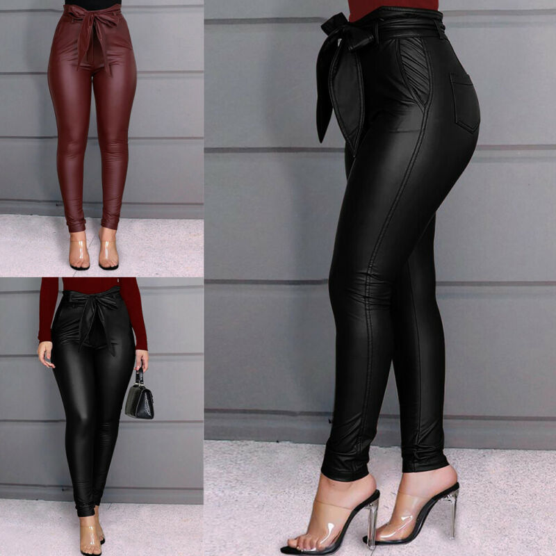 Hirigin Belt High Waist Pencil Pant Faux Leather Long Trousers