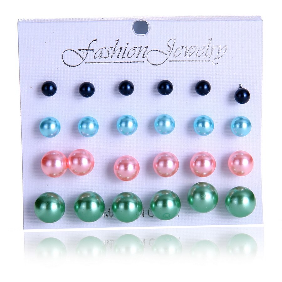 Women Trendy Stud Earrings Set With Card 12 Pairs/set Transparent Zircon Balls Love Flowers