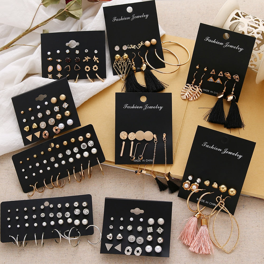 EN 12 Pairs Flower Women'S Earrings Set Pearl Crystal Stud Earrings