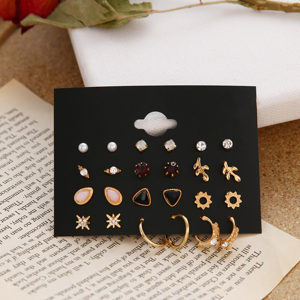 EN 12 Pairs Flower Women'S Earrings Set Pearl Crystal Stud Earrings