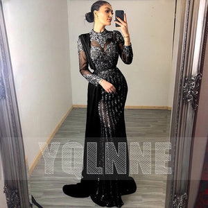 Couture 2020 Collection Muslim Rhinestones Evening Dresses High Neck Dubai Long Sleeve Mermaid Evening Gown Women Party Dress