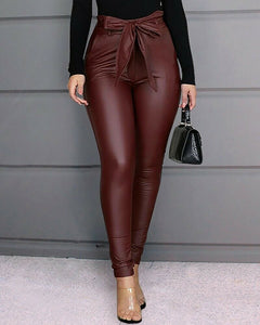 Hirigin Belt High Waist Pencil Pant Faux Leather Long Trousers