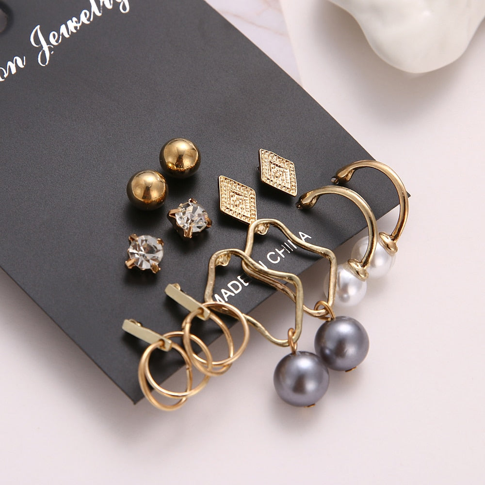 EN 12 Pairs Flower Women'S Earrings Set Pearl Crystal Stud Earrings