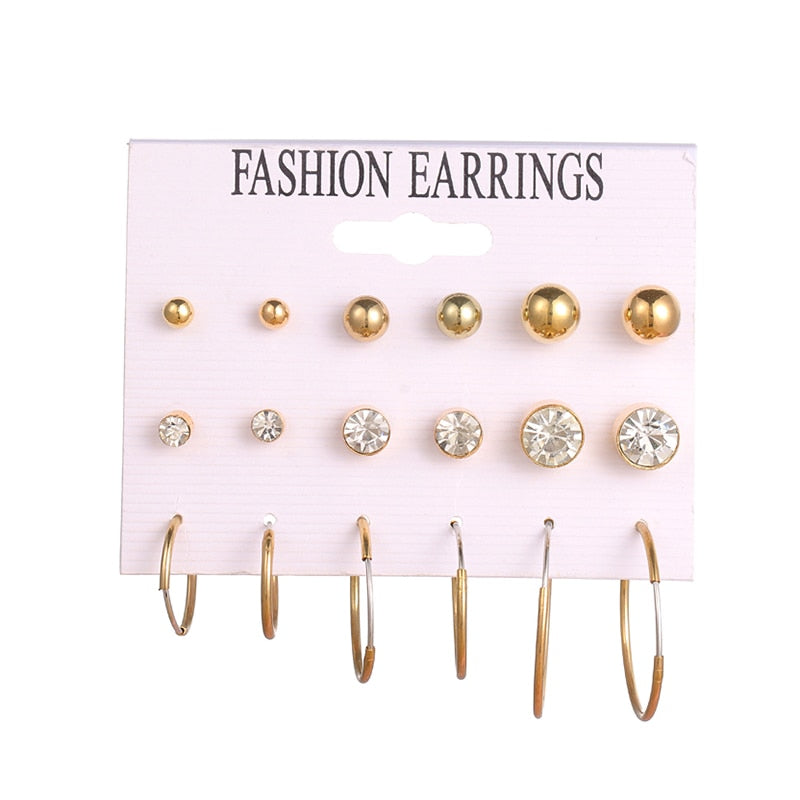 EN 12 Pairs Flower Women'S Earrings Set Pearl Crystal Stud Earrings