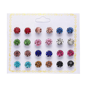 Women Trendy Stud Earrings Set With Card 12 Pairs/set Transparent Zircon Balls Love Flowers