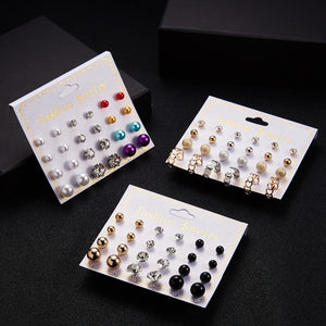 Women Trendy Stud Earrings Set With Card 12 Pairs/set Transparent Zircon Balls Love Flowers