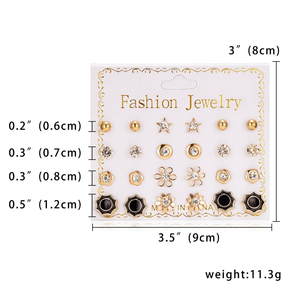 Women Trendy Stud Earrings Set With Card 12 Pairs/set Transparent Zircon Balls Love Flowers