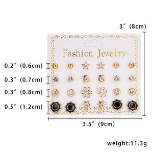 Women Trendy Stud Earrings Set With Card 12 Pairs/set Transparent Zircon Balls Love Flowers