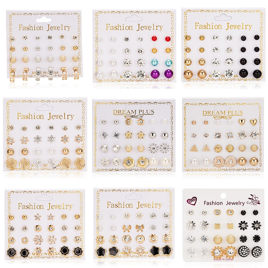 Women Trendy Stud Earrings Set With Card 12 Pairs/set Transparent Zircon Balls Love Flowers