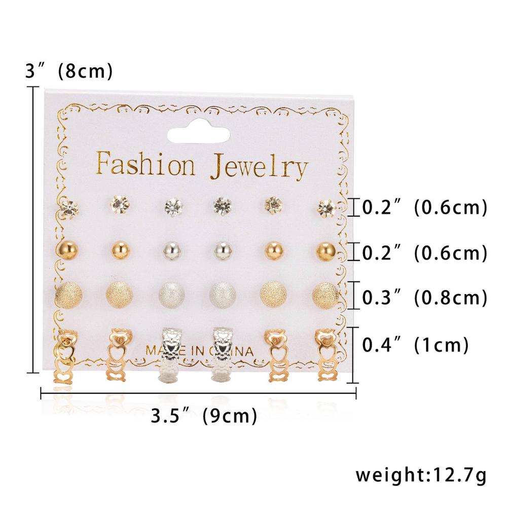 Women Trendy Stud Earrings Set With Card 12 Pairs/set Transparent Zircon Balls Love Flowers