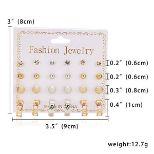 Women Trendy Stud Earrings Set With Card 12 Pairs/set Transparent Zircon Balls Love Flowers