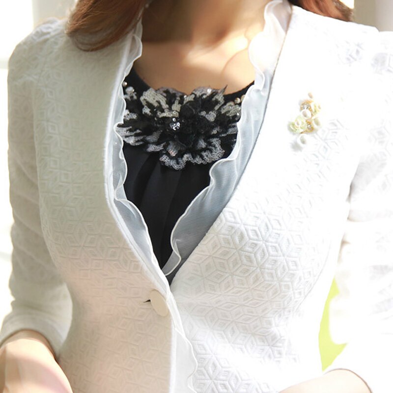 Spring Autumn White Mesh Bordered Ruffled Slim Single Button Short Blazer