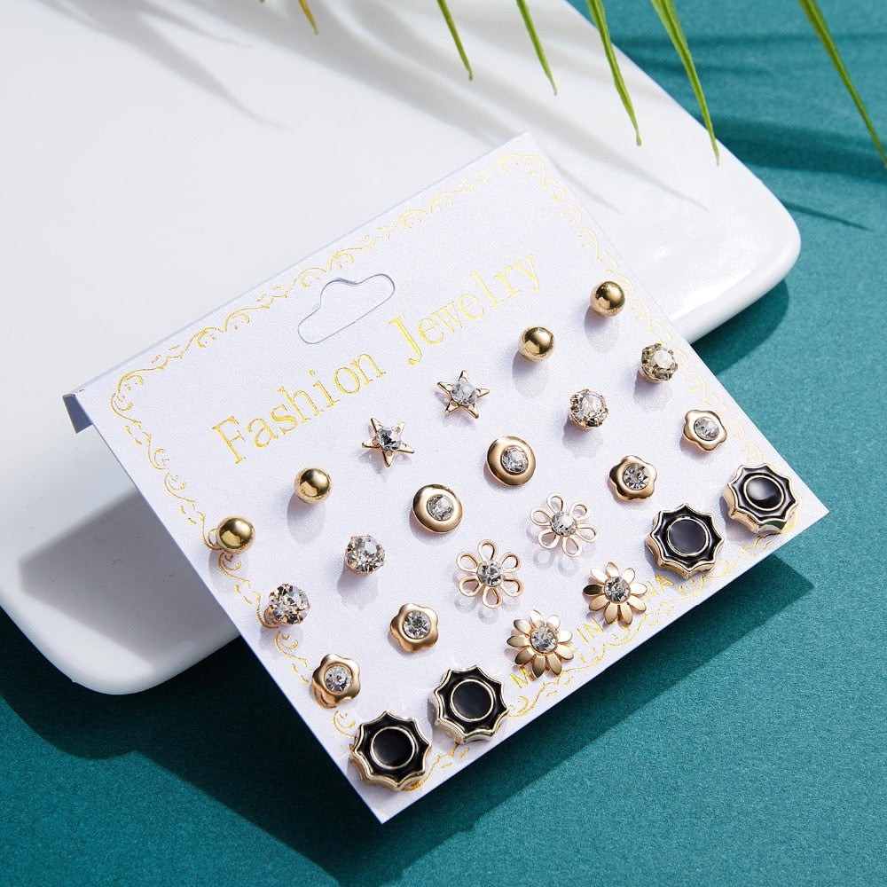 Women Trendy Stud Earrings Set With Card 12 Pairs/set Transparent Zircon Balls Love Flowers