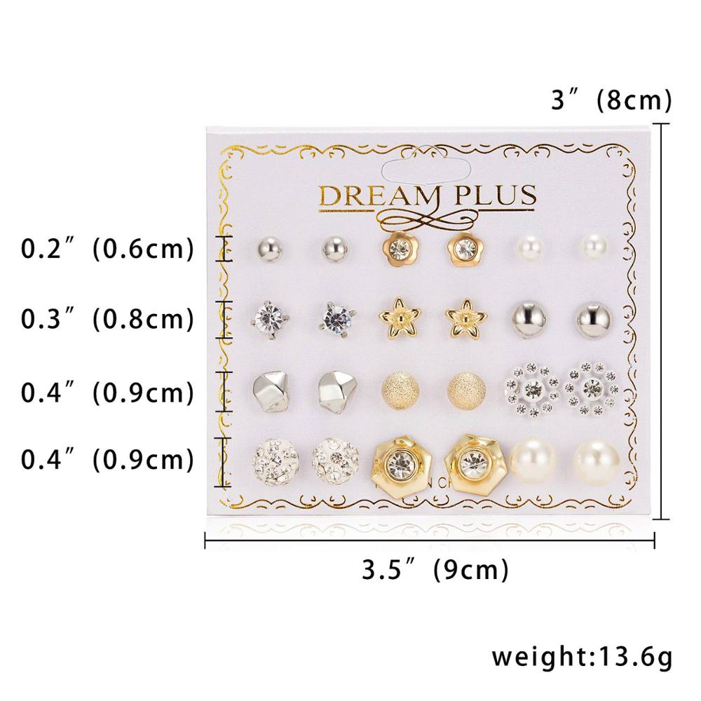 Women Trendy Stud Earrings Set With Card 12 Pairs/set Transparent Zircon Balls Love Flowers