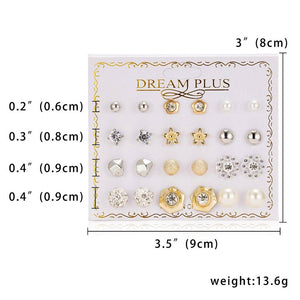 Women Trendy Stud Earrings Set With Card 12 Pairs/set Transparent Zircon Balls Love Flowers