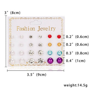 Women Trendy Stud Earrings Set With Card 12 Pairs/set Transparent Zircon Balls Love Flowers