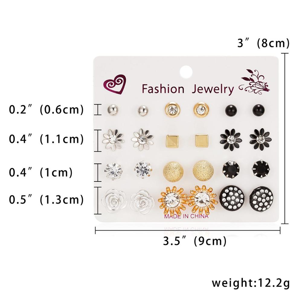 Women Trendy Stud Earrings Set With Card 12 Pairs/set Transparent Zircon Balls Love Flowers