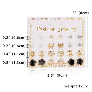 Women Trendy Stud Earrings Set With Card 12 Pairs/set Transparent Zircon Balls Love Flowers