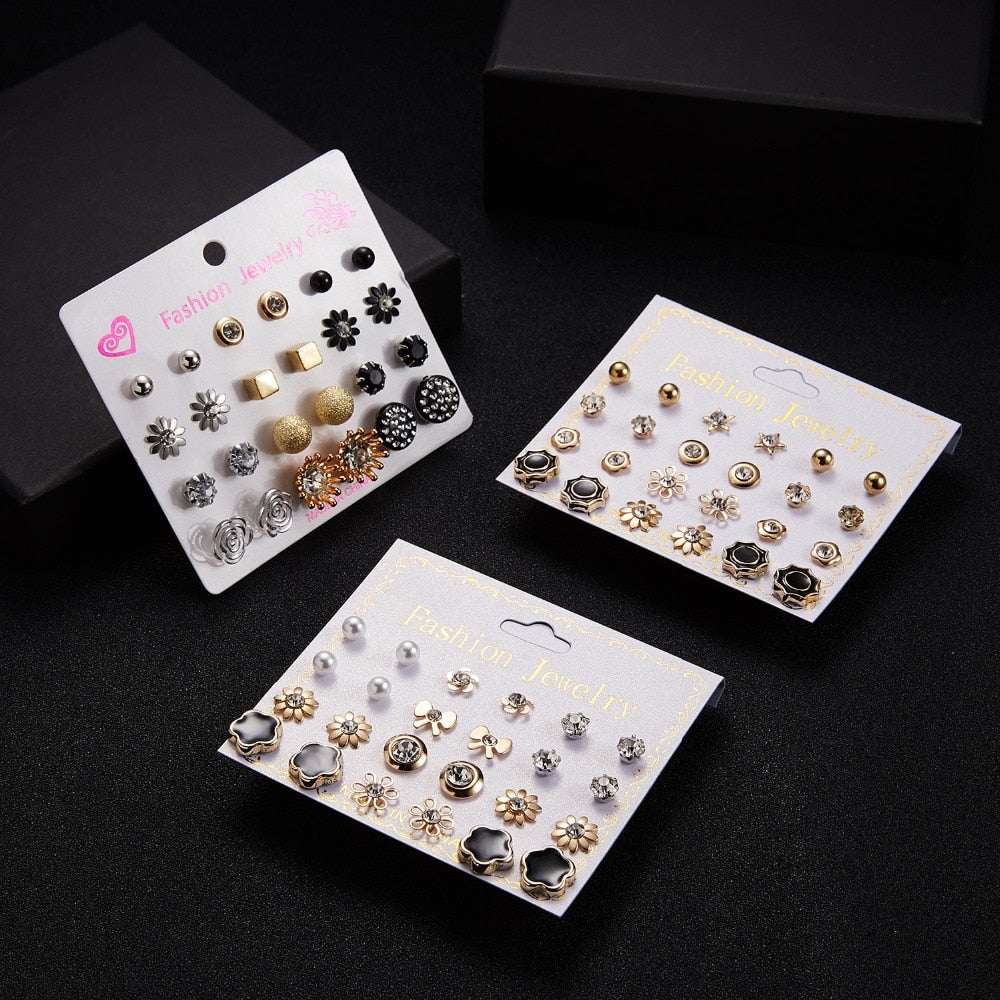 Women Trendy Stud Earrings Set With Card 12 Pairs/set Transparent Zircon Balls Love Flowers