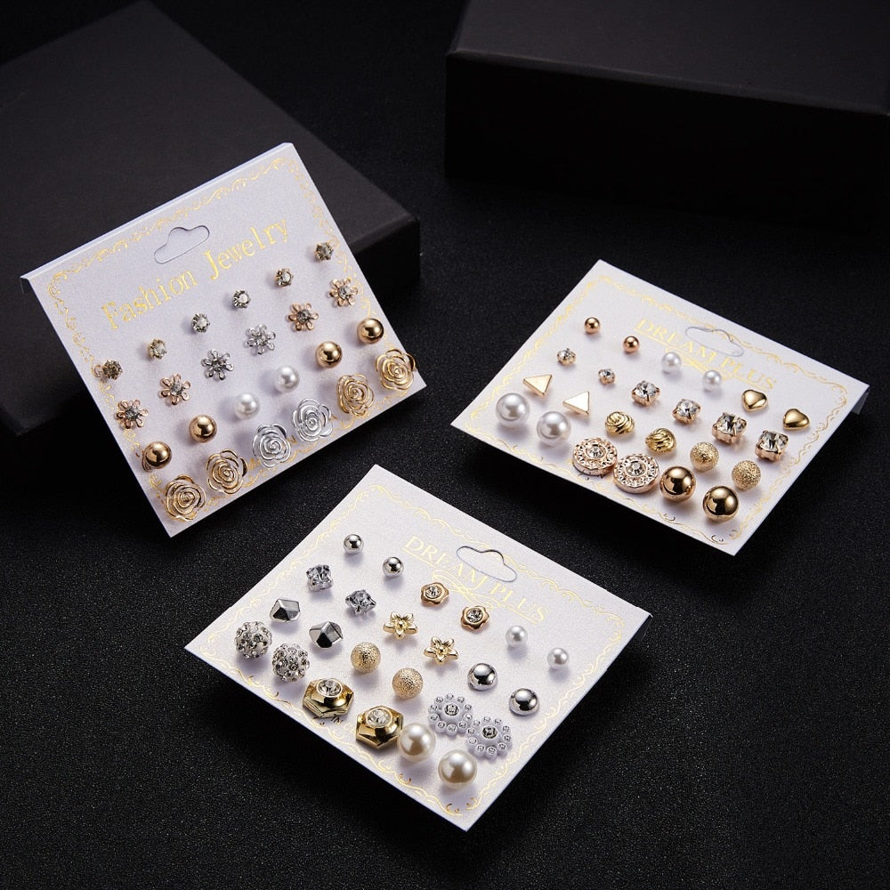 Women Trendy Stud Earrings Set With Card 12 Pairs/set Transparent Zircon Balls Love Flowers