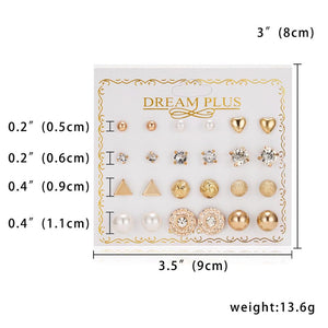 Women Trendy Stud Earrings Set With Card 12 Pairs/set Transparent Zircon Balls Love Flowers