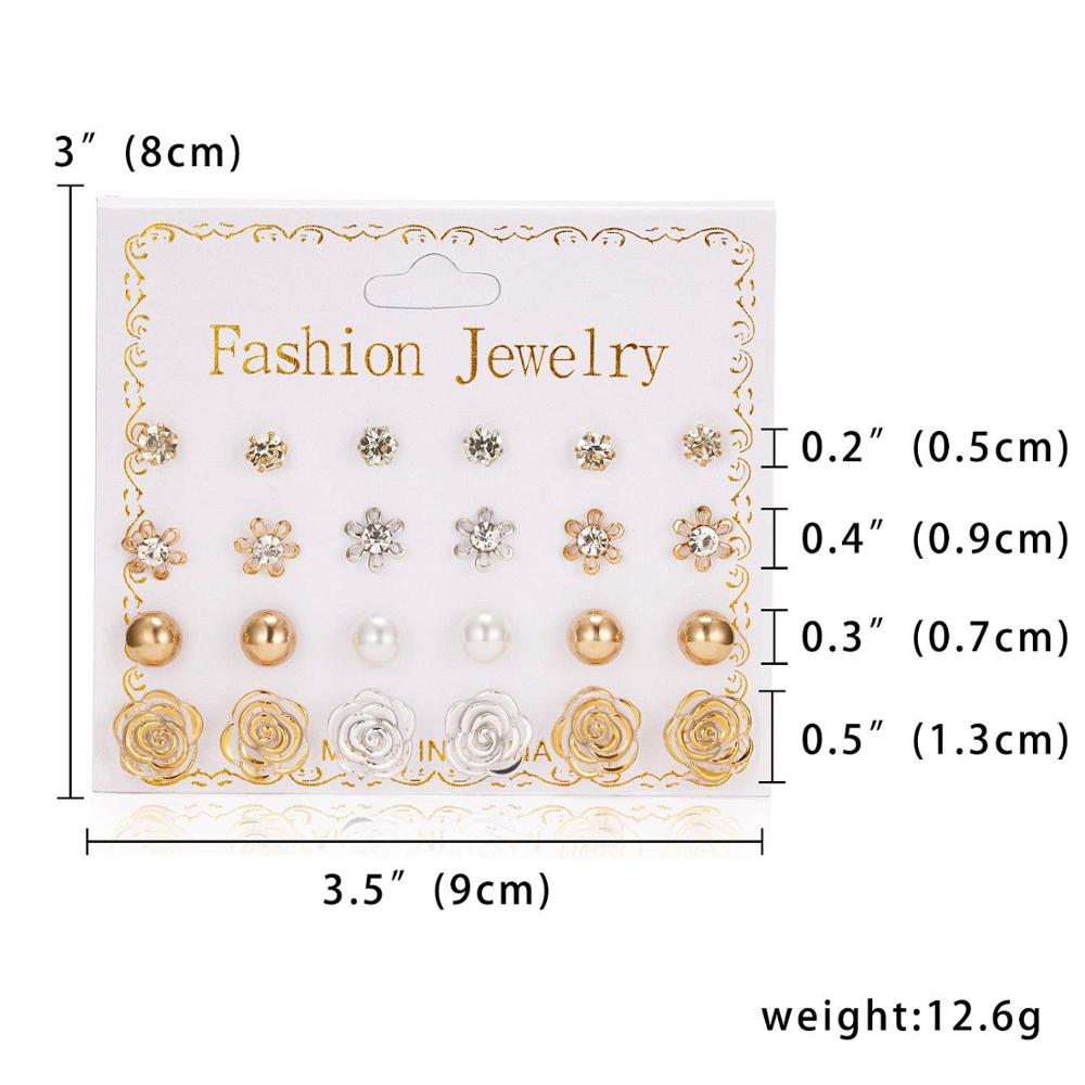 Women Trendy Stud Earrings Set With Card 12 Pairs/set Transparent Zircon Balls Love Flowers