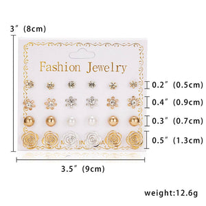 Women Trendy Stud Earrings Set With Card 12 Pairs/set Transparent Zircon Balls Love Flowers