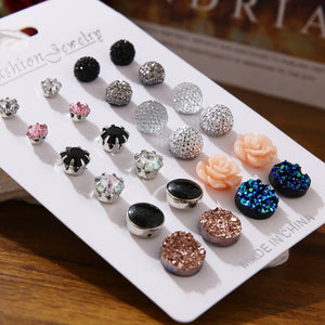 EN 12 Pairs Flower Women'S Earrings Set Pearl Crystal Stud Earrings