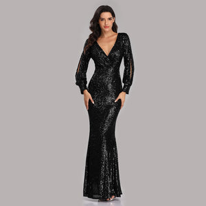 New Sexy V Neck Mermaid Evening Dress Long Formal Prom Party Gown Full Sequins long Sleeve Galadress vestidos occassion dress