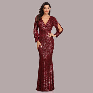 New Sexy V Neck Mermaid Evening Dress Long Formal Prom Party Gown Full Sequins long Sleeve Galadress vestidos occassion dress