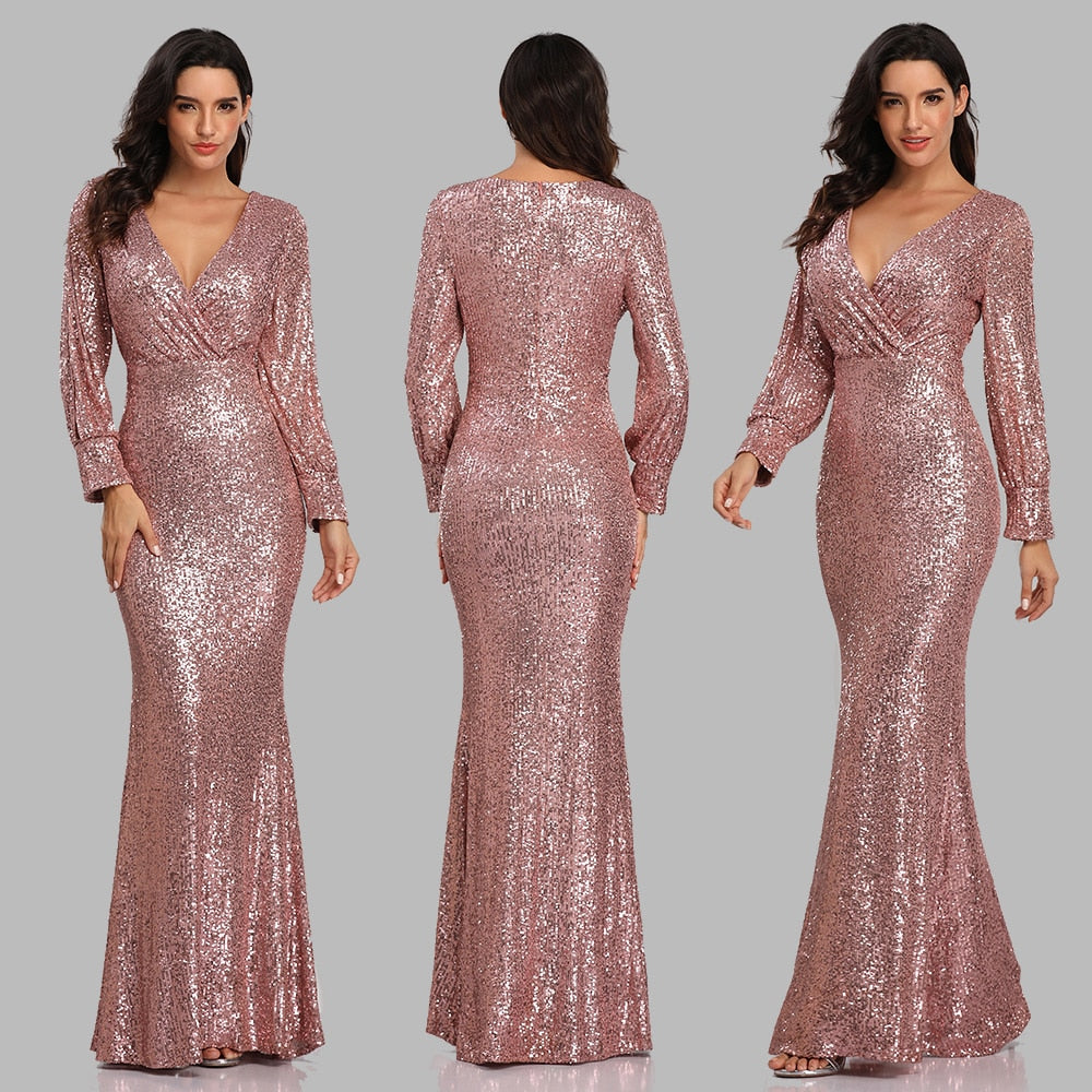 New Sexy V Neck Mermaid Evening Dress Long Formal Prom Party Gown Full Sequins long Sleeve Galadress vestidos occassion dress