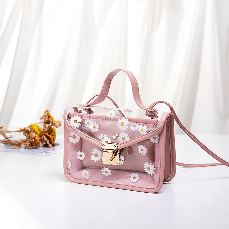 2020 Fashion Women Transparent Daisy Pattern Shoulder Bag Hardware Chain Strap Color Block Messenger Handbag Composite Tote