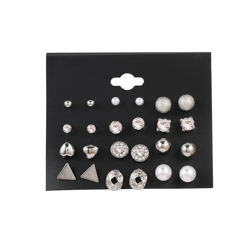 EN 12 Pairs Flower Women'S Earrings Set Pearl Crystal Stud Earrings