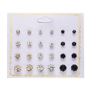 Women Trendy Stud Earrings Set With Card 12 Pairs/set Transparent Zircon Balls Love Flowers