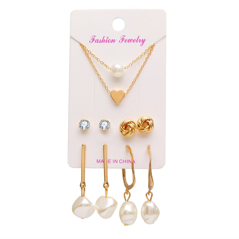 EN 12 Pairs Flower Women'S Earrings Set Pearl Crystal Stud Earrings